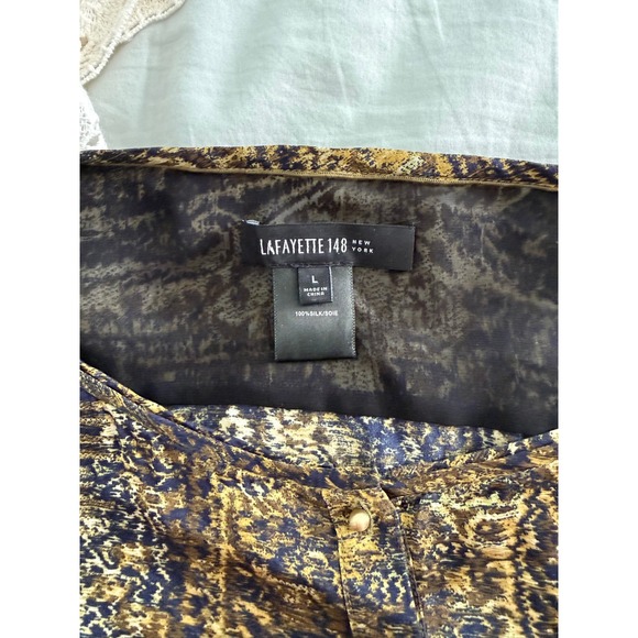 Lafayette 148 Silk Blouse L Navy Gold Abstract Paisley Tunic Quiet Luxury - Picture 4 of 9